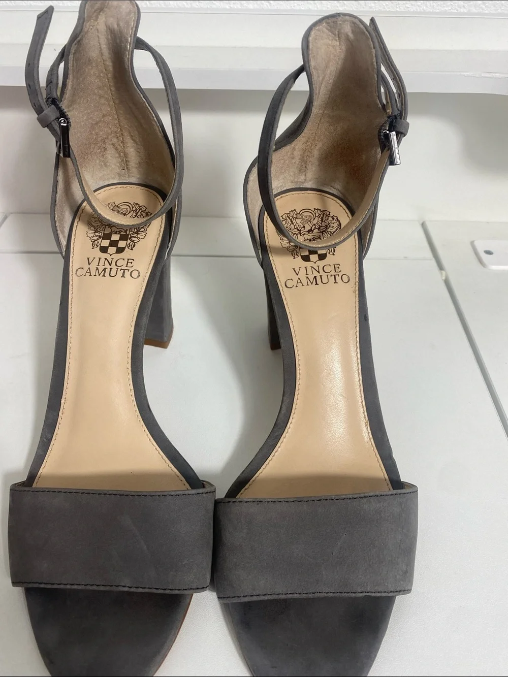 Vince Camuto Charcoal Suede Ankle-Strap Block Heels Size 7.5 M